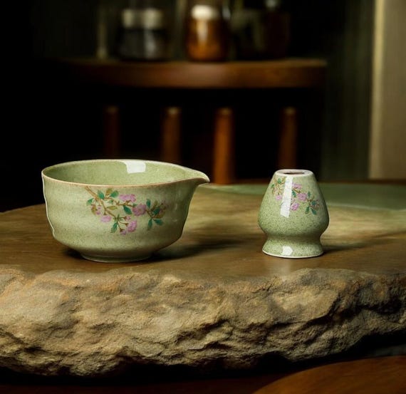 Floral Ceramic Matcha Set, Green Tea Bowl with Spout