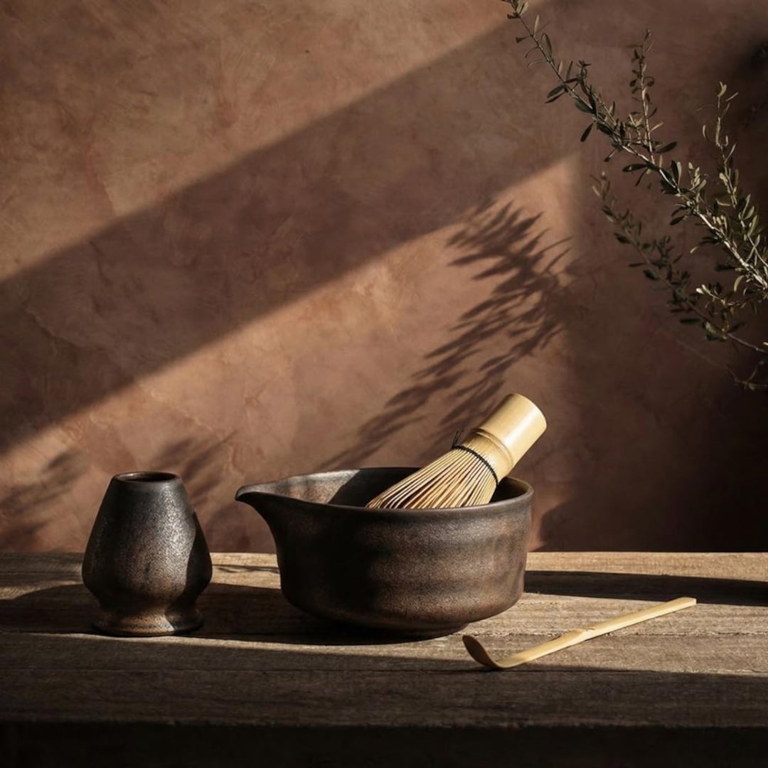 Gilded Bronze Spiral Matcha Set, Hand-Thrown Ceramic Chawan Bowl, Japanese Tea Ceremony Gift