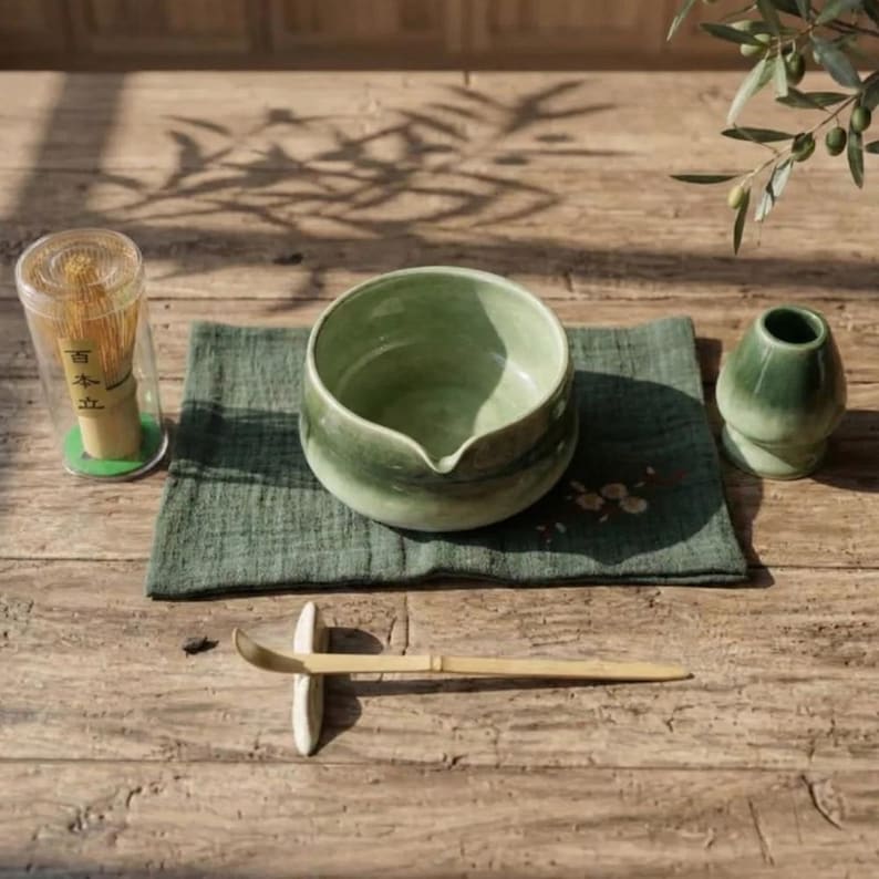 Handcrafted Matcha Tea Ceremony Set: Green Glazed Matcha Bowl image 4