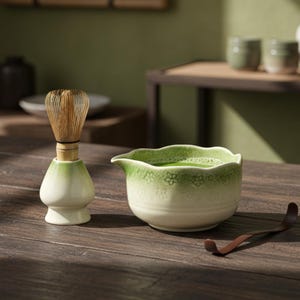 May include: A matcha tea set featuring a bamboo whisk, a ceramic whisk holder, a ceramic bowl with matcha tea, and a wooden scoop. The bowl has a scalloped rim and a green and white gradient. The whisk holder is white with a green gradient.