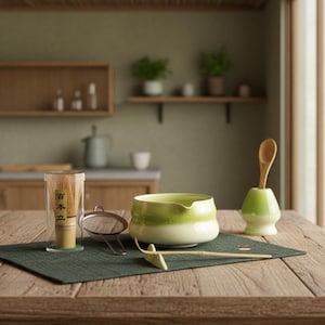 May include: A matcha tea set on a wooden table. The set includes a green and white ceramic bowl, a bamboo whisk, a whisk holder, a bamboo scoop, and a metal sieve. The container has Japanese text "百本立".