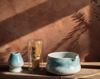 Handcrafted Matcha Tea Ceremony Set: Blue Glazed Matcha Bowl