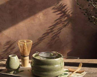 Ribbed Green Ceramic Matcha Bowl Set with Spout, Tea Ceremony Gift