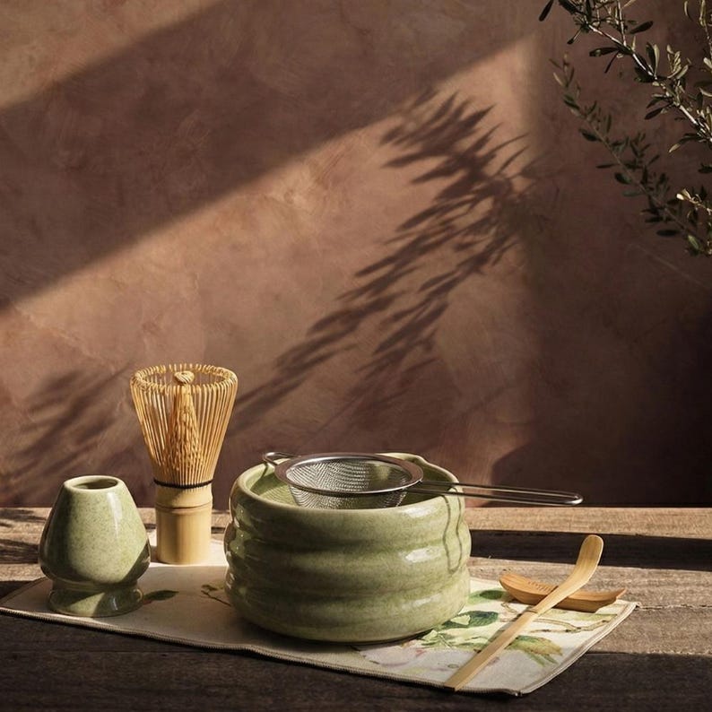 Ribbed Green Matcha Bowl Set with Spout, Ceramic Chawan, Tea Ceremony Kit image 1