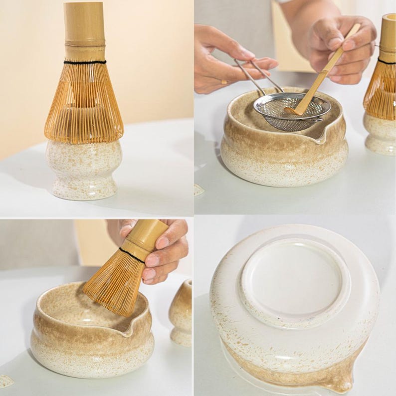 Puede incluir: Un juego de t&eacute; matcha con un batidor de bamb&uacute;, un cuenco de cer&aacute;mica y un colador. El batidor tiene un mango marr&oacute;n claro y un abanico de p&uacute;as finas. El cuenco es beige y blanco con un pico. El colador es de acero inoxidable.