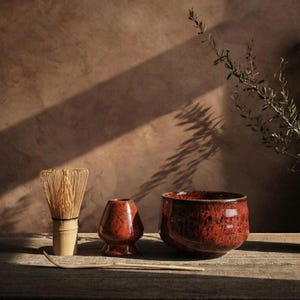 Zestaw do herbaty Vermillion Red Matcha, ceramiczna miseczka Chawan z pieca, bambusowy uchwyt na trzepaczkę