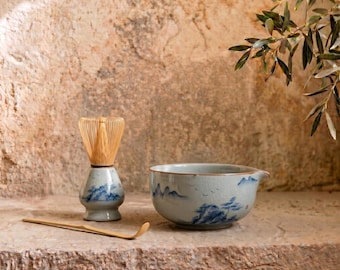 Juego de té Matcha con esmalte craquelado celadón, kit para ceremonia del té con paisaje pintado a mano