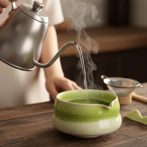 May include: A stainless steel gooseneck kettle pours hot water into a green and white ceramic matcha bowl. Steam rises from the bowl, suggesting freshly prepared tea. A small strainer and a ceramic rest are also visible on the wooden surface.