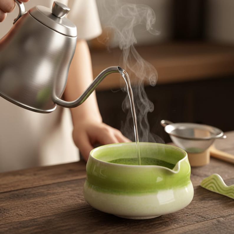 May include: A stainless steel gooseneck kettle pours hot water into a green and white ceramic matcha bowl. Steam rises from the bowl, suggesting freshly prepared tea. A small strainer and a ceramic rest are also visible on the wooden surface.