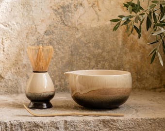 Yellow Crystal Matcha Tea Set, Ivory to Black Gradient Ceramic Chawan Bowl, Bamboo Whisk Holder, Japanese Tea Ceremony Gift