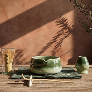 Handcrafted Matcha Tea Ceremony Set: Green Glazed Matcha Bowl