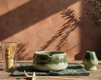 Handcrafted Matcha Tea Ceremony Set: Green Glazed Matcha Bowl