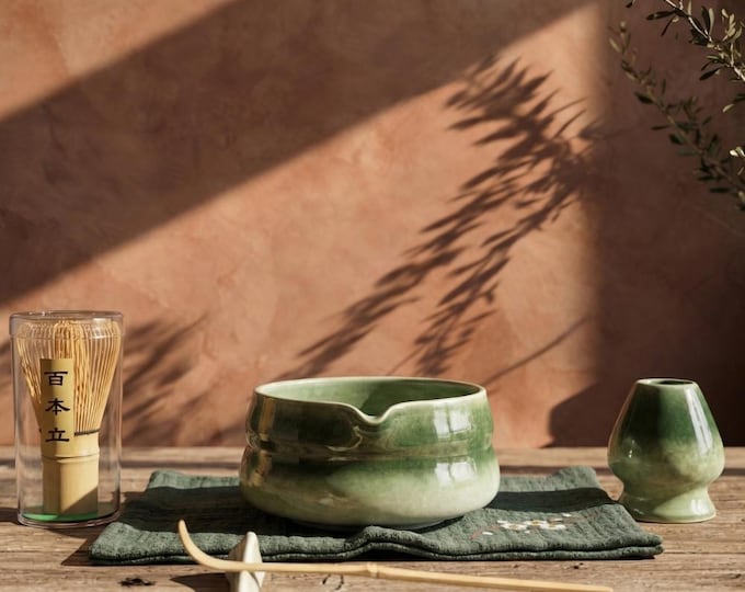 Handcrafted Matcha Tea Ceremony Set: Green Glazed Matcha Bowl