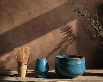 Sapphire Blue Kiln-Change Matcha Tea Set, Speckled Ceramic Chawan Bowl, Bamboo Whisk Holder