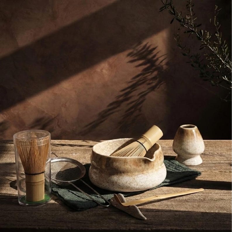 Juego de cuenco para matcha color crema moteado, chawan de cerámica y batidor de bambú, kit para la ceremonia del té. imagen 3
