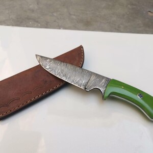 handmade damacus steel handcrafted knife with green micarta handle and leather sheath