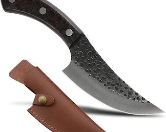 Hand Forged High Carbon Steel Boning Knife, Leather Sheath