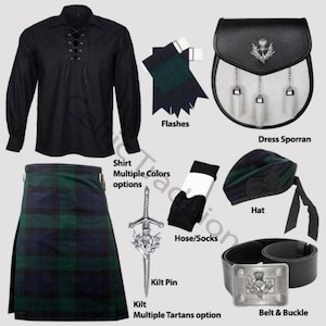 Kilt Set, Handmade Tartan kilt with 7 Accessories shirt sporran hat belt pin, Wedding Kilt Set, Choose any Tartan from 100 Tartans available