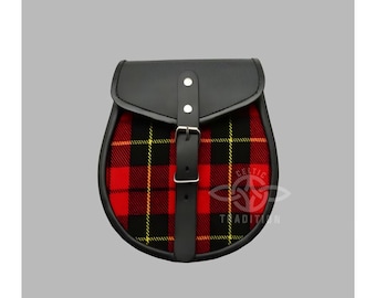 Scottish Tartan & Black Leather Sporran: Handmade Kilt Accessory