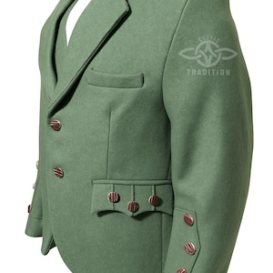 Men&#39;s Lovat Green Argyle Tweed Jacket with 5-Button Waistcoat, Scottish Handmade Highland Wedding Custom Argyle Kilt Jacket for Sale
