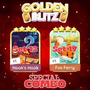 May include: A promotional graphic for "Golden Blitz" featuring two game card designs. One card shows a pirate scene with "Set 13" and "Hook's Hook." The other card depicts a fox in water with "Set 17" and "Fox Ferry." The text "SPECIAL COMBO" is also present.