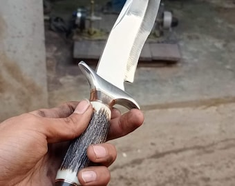 Handmade Stag Antler Bowie Knife: D2 Steel Hunting & Camping Knife