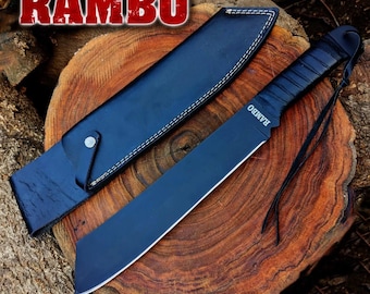 Handmade Rambo IV Machete: Heavy-Duty Bushcraft Tool with Leather Sheath