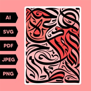 May include: Abstract art print featuring a complex design of black calligraphic shapes on a gradient red and pink background. The artwork is framed in white and set against a light pink backdrop. File type options are listed on the left.