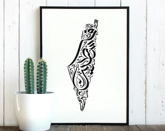 パレスチナ地図アラビア書道プリント｜イスラム壁画（デジタルダウンロード）