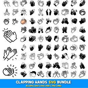 Könnte beinhalten: Eine Sammlung von Illustrationen von klatschenden Händen in Schwarz und Weiß. Das Bild zeigt verschiedene Handgesten, darunter offene Handflächen, Klatschen und Hände im Gebet. Der Text unten lautet "CLAPPING HANDS SVG BUNDLE".