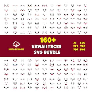 May include: A collection of over 160 Kawaii faces in a SVG bundle. The faces have various expressions, including smiling, winking, and surprised. The image includes the text "160+ Kawaii Faces SVG Bundle" and the file types: AI, SVG, EPS, JPG, PDF, and PNG.