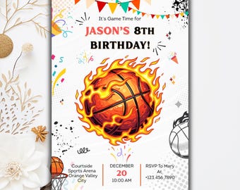 May include: A basketball-themed birthday invitation with a fiery basketball graphic. The invitation includes the text "It's Game Time for JASON'S 8TH BIRTHDAY!" and event details: date, time, and location. The design incorporates confetti and a basketball hoop.
