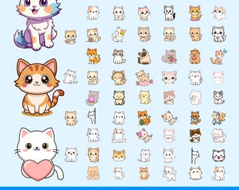 Kawaii Cat Clipart Bundle, Pastel Cartoon Kitty PNG Graphics (Digital Download)