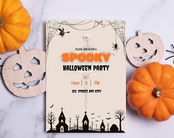 Editable Halloween Invitation | Spooky Party Canva Template | Black & Orange | Instant Download