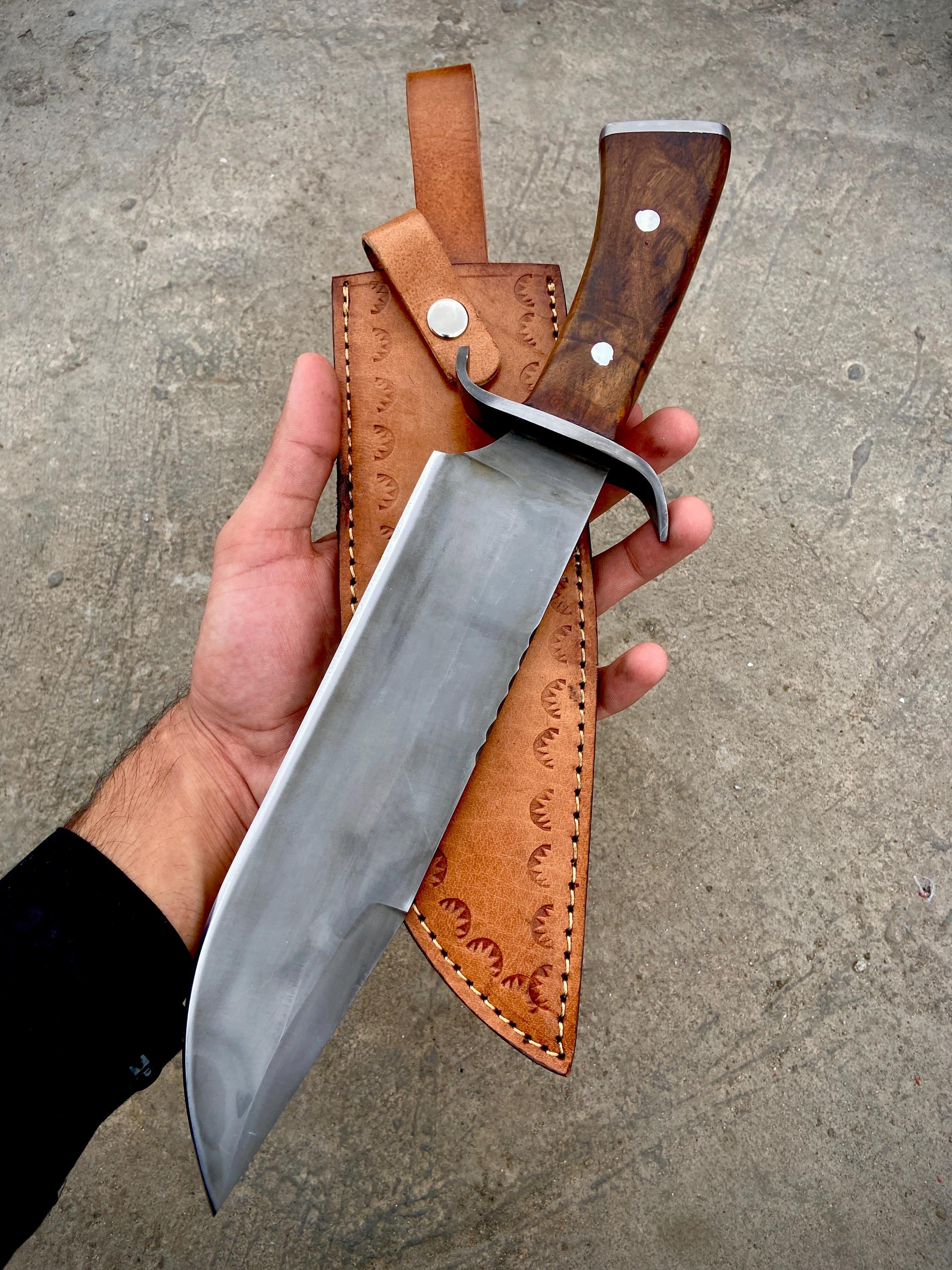 Handmade Bowie Hunting Knife: 5160 Spring Steel, Rosewood Handle, Leather Sheath