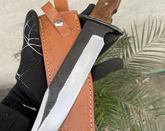 Handmade High Carbon Steel Bowie Knife: Rosewood Handle, Leather Sheath