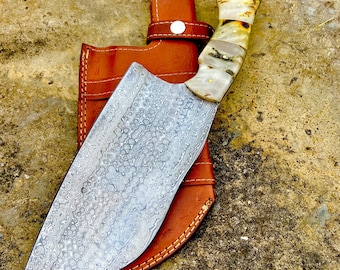 Personalized Damascus Cleaver Knife with Camel Bone Handle, Damascus Steel Kitchen Serbian Knife, Gift For Mother Chef Knife, Gift For Her