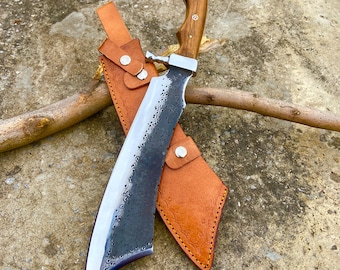 Hand Forged Large Machete Knife, High Carbon Steel Blade, Rosewood Handle Bushcraft Survival Machete with Leather Sheath
