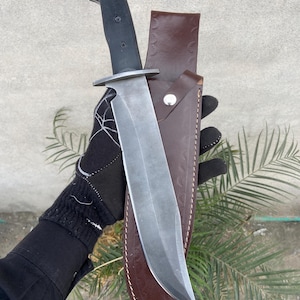 Hand forged custom Bowie knife with sheath, 5160 Spring Steel Full Tang hunting Knife, Black Micarta handle, Gift For Him