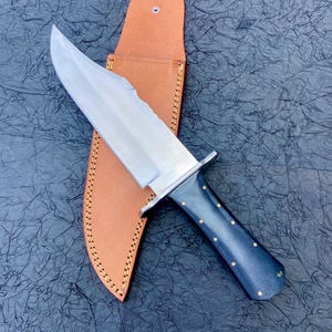 Handmade Bowie Hunting Knife: 1095 Carbon Steel Blade, Black Micarta Handle & Leather Sheath