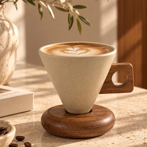 Keramisk droppkanna för kaffe med träställ, minimalistisk manuell kaffebryggare, Japandi-tillbehör till kaffebaren, present till kaffeälskare