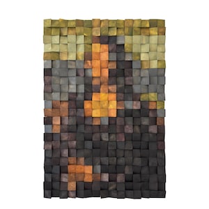 May include: A rectangular wooden wall art piece composed of numerous small, square blocks. The artwork features a mosaic-like image with a color palette of black, brown, gray, yellow, and orange. The design appears to be a stylized portrait.