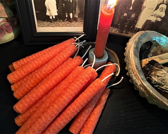 ORANGE MINI BEESWAX Chime Candles, Pk 5, Hand Rolled Small Taper Candles, Spells, Intention, Candle Magick, Ritual, Prayers, Natural Magic