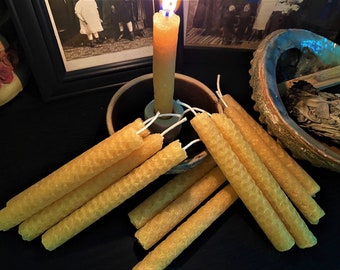 YELLOW MINI BEESWAX Chime Candles, Set Of 6 Hand Rolled Small Taper Candle, Spells, Intention, Candle Magick, Ritual, Prayers