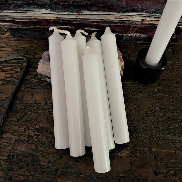 WHITE UNSCENTED Mini Paraffin Wax Chime Candles, Pack Of 7, Small Tapers, Spells, Intention, Ritual, Workings, Magic, Scrying, Witchcraft