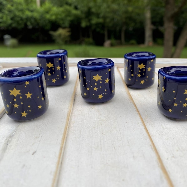 Chime Candle HOLDER, Blue with GOLD Stars, Mini Candle Holder, Mini Taper, Chime Candles, Beeswax Candles