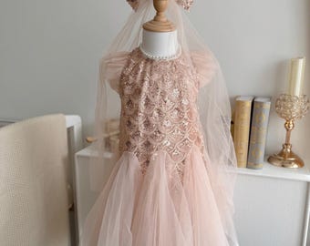 Blush Pink Dress, Big Bow, Flower girl, Birthday Dress, Tulle Tutu Dress, Baby Toddler Dress, Long Tulle Veil