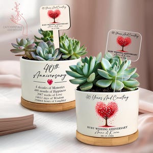 May include: Two white ceramic pots with succulents, celebrating a 40th wedding anniversary. Each pot has a wooden base and a sign with a heart-shaped tree design. Text includes "40th Anniversary" and "Ruby Wedding Anniversary."
