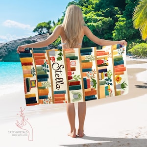 Vintage Bookshelf Library Beach Towel, Gift For Book Lover Library Gift Floral Bookish Gift For Reader, Vacation Gift for Girls, Floral Book