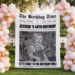 May include: A white banner with the text "The Birthday Time" and "JESSICA'S 40TH BIRTHDAY" in black. A black and white photo of a young girl is in the center. The banner is surrounded by pink, white, and gold balloons.